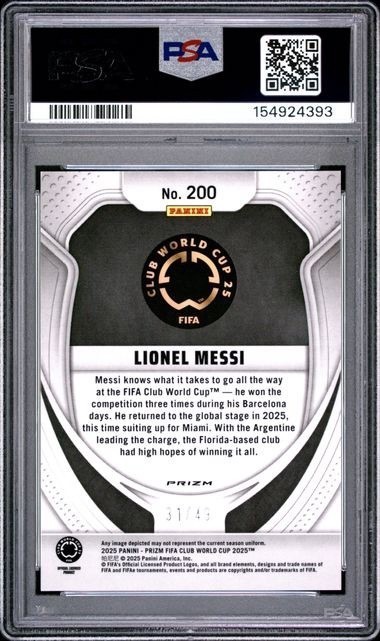 2025 Prizm CWC Lionel Messi Teal Seismic #200 31/49 PSA 10 view 2