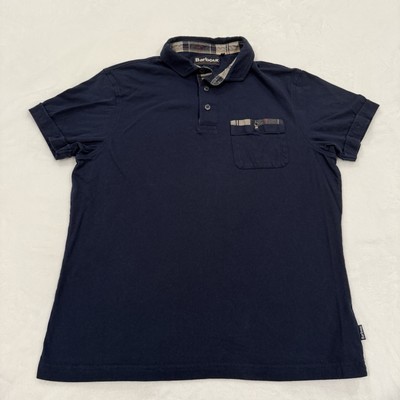 Barbour Corpatch Polo Shirt Mens Medium Blue Cotton Preppy Tartan Plaid Trim