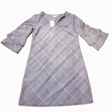 Est 1946 NEW Black White Houndstooth w/ Pink Midi Bell Sleeve Shift Dress Small