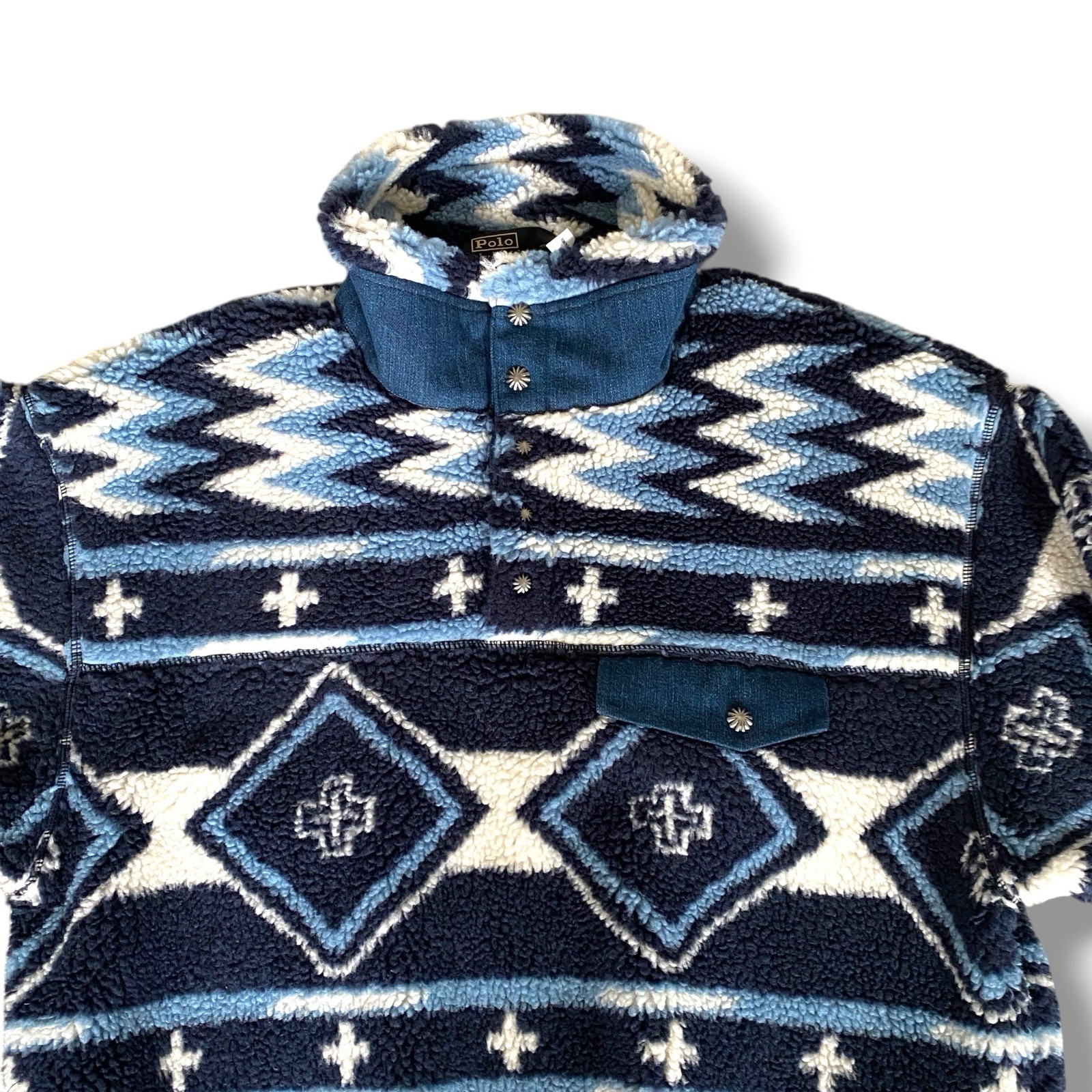 New Polo Ralph Lauren X Naiomi Glasses Navajo Print Fleece Pullover Sz M Blue image 7