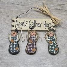 Small Wood angels Gather Here Hanging Decor Ornament Primitive Country Chic