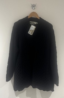 Aran Crafts 100 % Merinowolle Zopfmuster durchgehender Reißverschluss Strickjacke lang schwarz Größe XXXL 