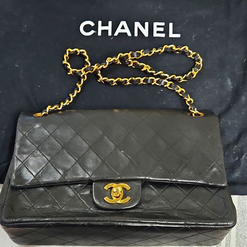 CHANEL Classic Double Flap Medium Black Quilted Leather Chain Bag Gold Red COA