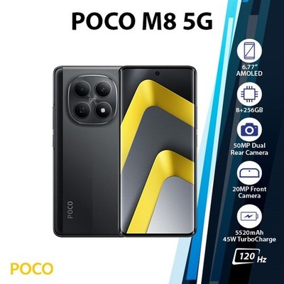 Xiaomi POCO M8 5G Android Cell Phone (8GB+256GB/BLACK/Dual SIM/Unlocked)