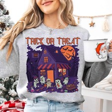 Halloween Trick Or Treat Sweatshirt Cute Ghost Mummy Haunted House Spooky Tees