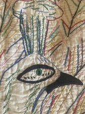 Vtg Quilt Hand Embroidered Stitch Peacock Bird Signed 81x71 Cottage Core Pride