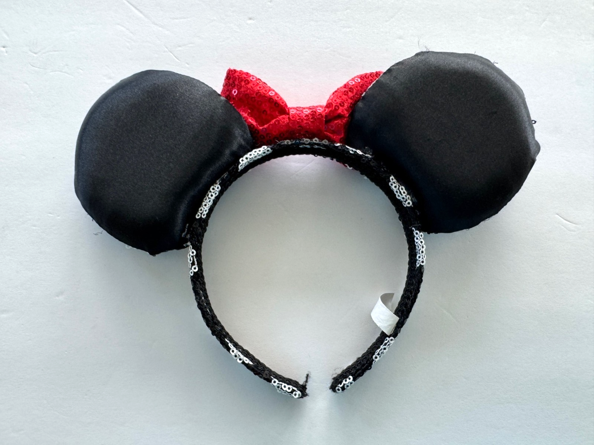 NWT Sequin Minnie Mouse Ears Headband Black & Red Bow Iridescent Glimmer in Sun Minnie Mouse Black White Polka Dot Red Sequin Bow Disney  main image 3