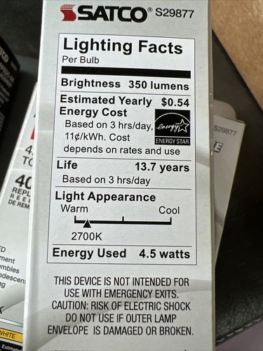 5 PACK OF Satco S29877 - 4.5W CTC/LED/27K/CL/90CRI B10 Candelabra E12 base - Picture 5 of 5