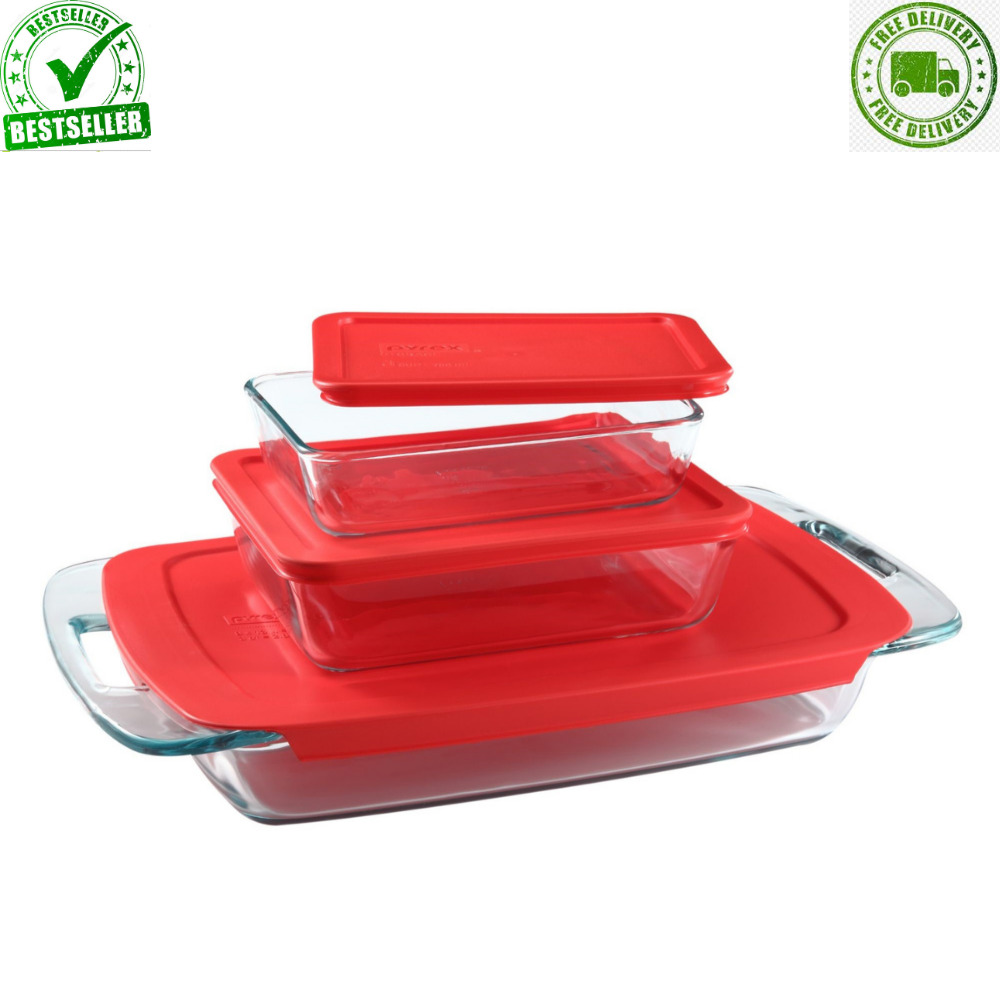 6 Piece Glass Kitchen Casserole Set Rectangle Clear Baking Dish with Lids, NEW