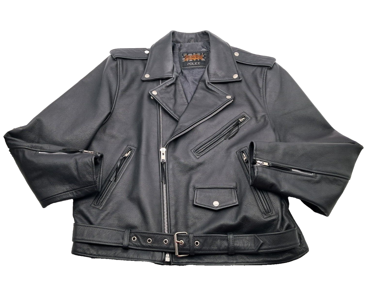 Street Steel Police Motorcycle Jacket 48 Black Leather Belted Lined Biker  Moto