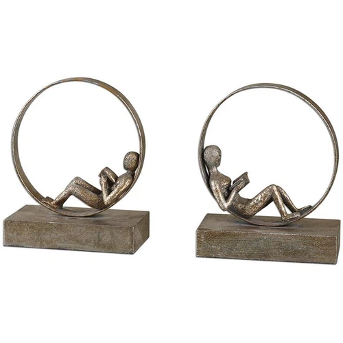 Uttermost Lounging Reader 2-Piece Metal MDF Bookend Set in Antiqued Silver/Gold - Picture 1 of 5