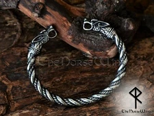 Silver Viking Bracelet Fenrir Wolf Torc, Solid Steel Arm Ring Norse Torque