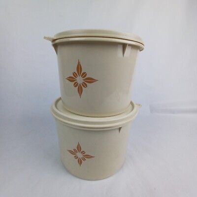 2 Vintage Tupperware Storage Containers Tan With Brown Flower 227-46