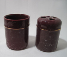 Bath Vanity Burgundy Ceramic Marble Look Mouthwash Gargle Cup Toothbrush Holder