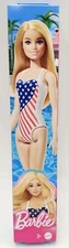 New In Box Blonde Barbie Doll Wearing American Flag Swimsuit Pool & Beach Toys