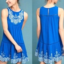 Meadow Rue by Anthropologie Wadden Blue Embroidered Sleeveless Dress  Size 0