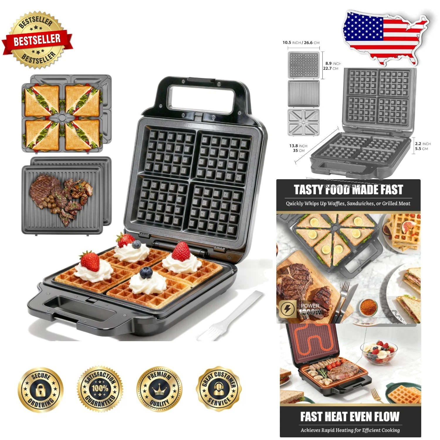 Belgian Waffle Maker, 3-in-1 Panini Grill, Large Family Size, Non-Stick