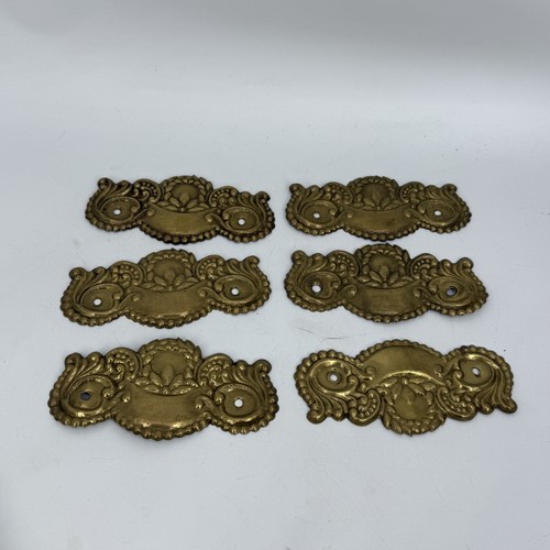 6 Vintage Ornate Drawer Pull Backplates Scroll Victorian Brass 