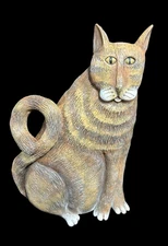 Vtg Marsha McCarthy Signed Tabby Cat Sculpture, 10" Resin Gold Brown Yellow Eyes