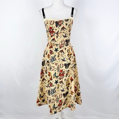 Living Dead Souls Dress Women's Tattoo Rockabilly Fit & Flare Small Tan Pin Up