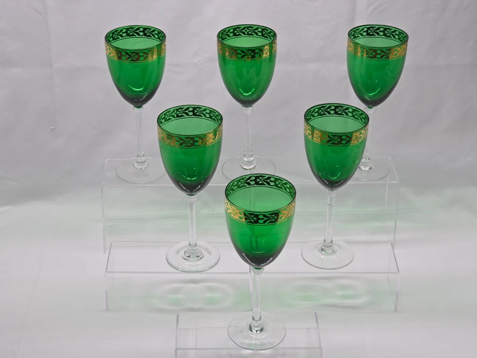 PIER 1 IMPORTS 8.75" Water Goblet EMERALD GREEN With Gold Banding - Set Of 6 - Image 2 of 4