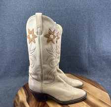 Beautiful Vintage Acme Leather Cream Western Cowboy Boots 7D Embroidered Flower