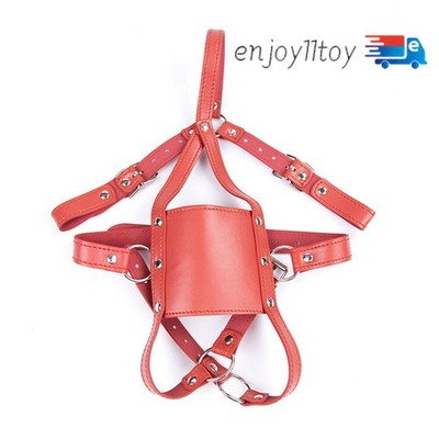 PU Leather  Head Harness Face Mask with PC hollow Open mouth Gags Restraint-