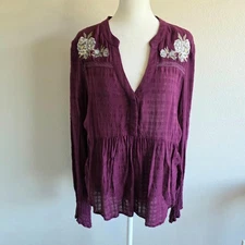 Shyanne Women's Burgundy Embroidered Blouse Babydoll Cowboy Smock Sleeve Sz XL L