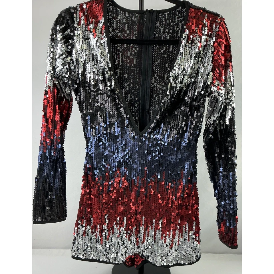 Mameluco de lentejuelas para mujer manga larga cuello en V baile animación club mini talla MED Foto 2 de 4