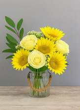 Peony Sunflowers Roses & Foliage In a Medium Rope Lantern Vase – New