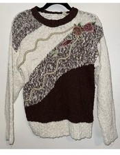Vintage 80s/Y2K Embroidered Sweater w/Swirls of Brown,Cream/pink floral Sz S