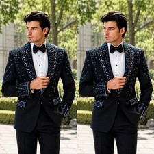 Men's Suits Rhinestone Embroidery Hand Sewn Sequins Evening Party Tuxedo 2 Piece