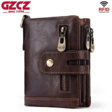 Men's Genuine Leather Cowhide Wallet Trifold Card ID Holder Double Zipper Purse