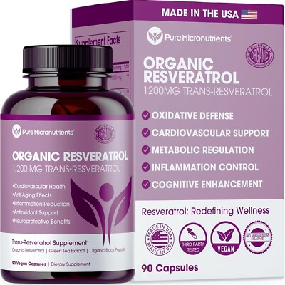 Organic Resveratrol 1200mg 99% Pure Trans with Green Tea & Black Pepper 90 Caps