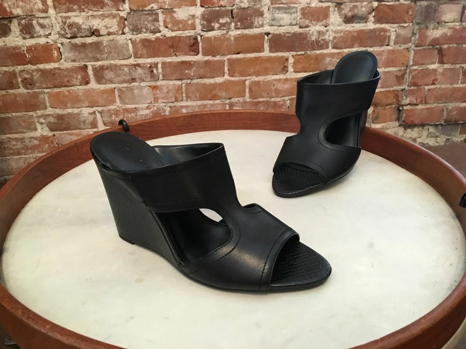 H by Halston Open-Toe Cut-Out Leather Mules | Holly Black | 9M - Image 2 of 4