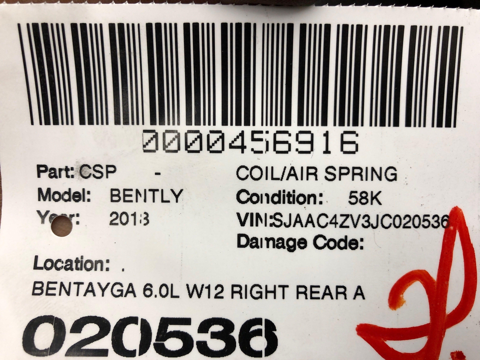 2016-2020 BENTLEY BENTATGA W12 RIGHT REAR AIR RIDE SUSPENSION SPRING 4M0616002AC