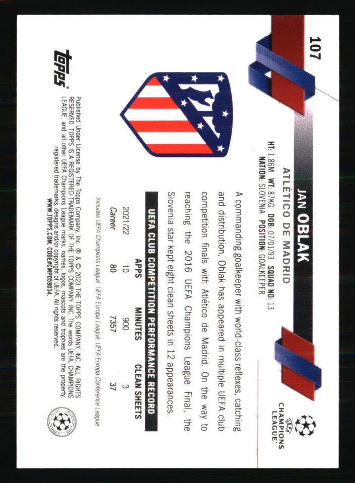 Jan Oblak 2022-23 Topps UEFA  1st Edition #107 SOCCER Card - Image 2 of 2