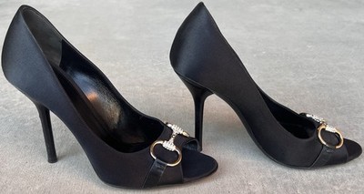 Gucci 132460 Black Satin Crystal Horsebit Peep Toe Stiletto Pumps US 8B