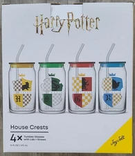 Harry Potter House Crest Glass Tumblers w/Lids & Straws, 16oz. FREE SHIPPING