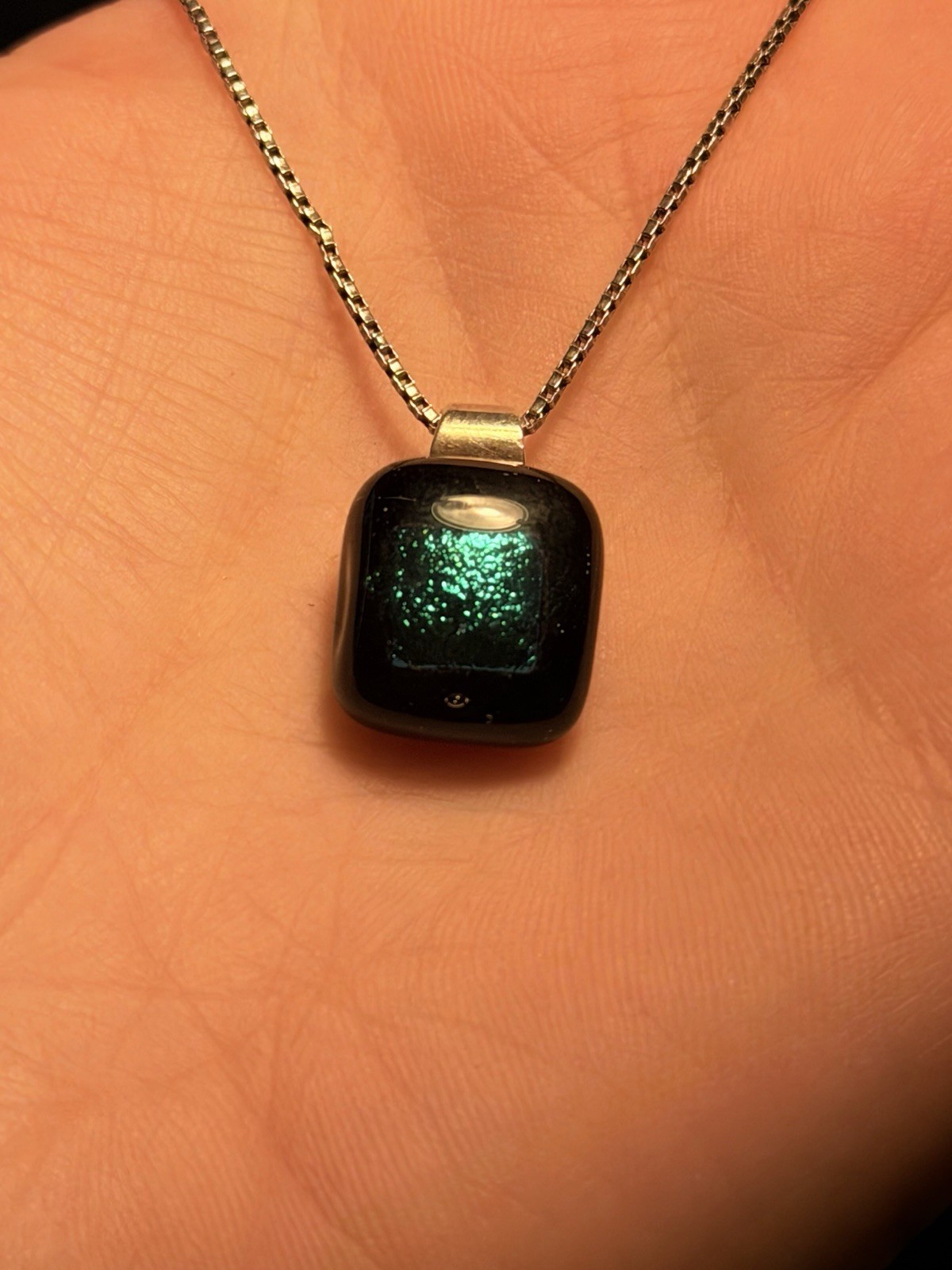 Vintage green dichroic fused glass pendant on a sterling silver chain#138 image 2