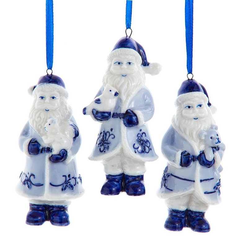 KURT ADLER SET OF 3 PORCELAIN 3.5" DELFT BLUE SANTA CHRISTMAS ORNAMENTS J7832