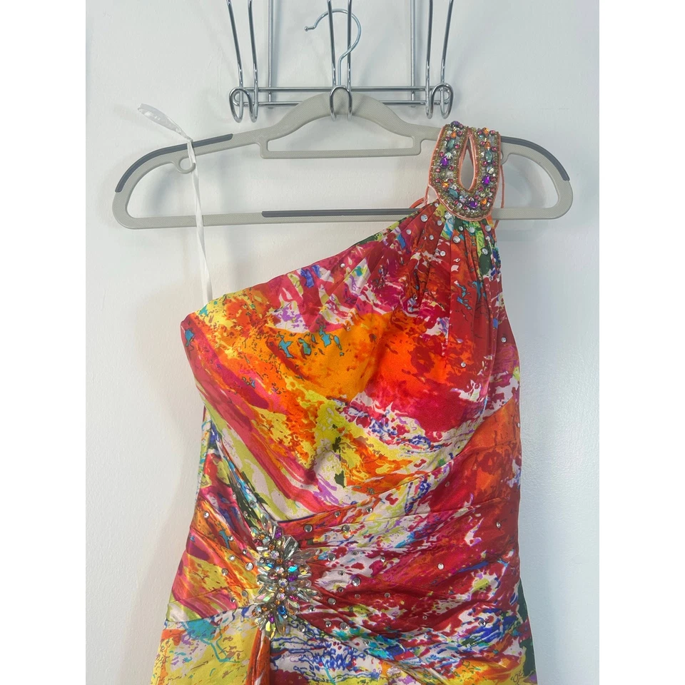 Night Moves Formal Gown Size 2 Rainbow Watercolor Rhinestone Single Shoulder - Image 2 of 4