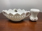 FENTON White Milk Glass Hobnail Handled Candy Nut Bowl & Toothpick Holder Marked
