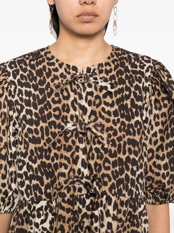 GANNI Brown Organic Cotton Mini Dress with Leopard Print and Puff Sleeves - Image 4 of 4