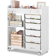 Rolling Craft Cart with 6 Drawers, Pegboard and Locking Wheels White
