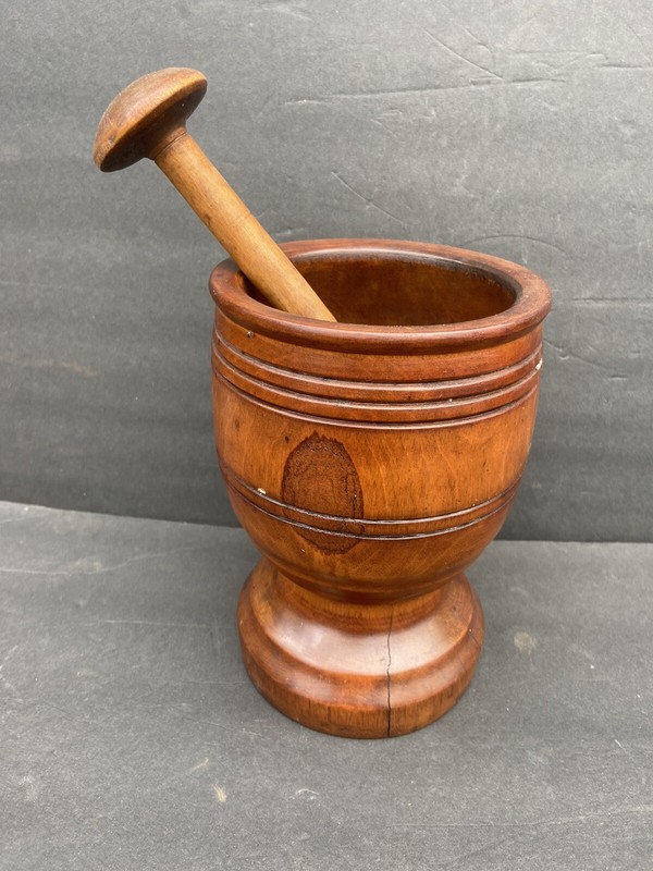 large antique primitive handmade turned wooden spice mortar and pestle grinder 