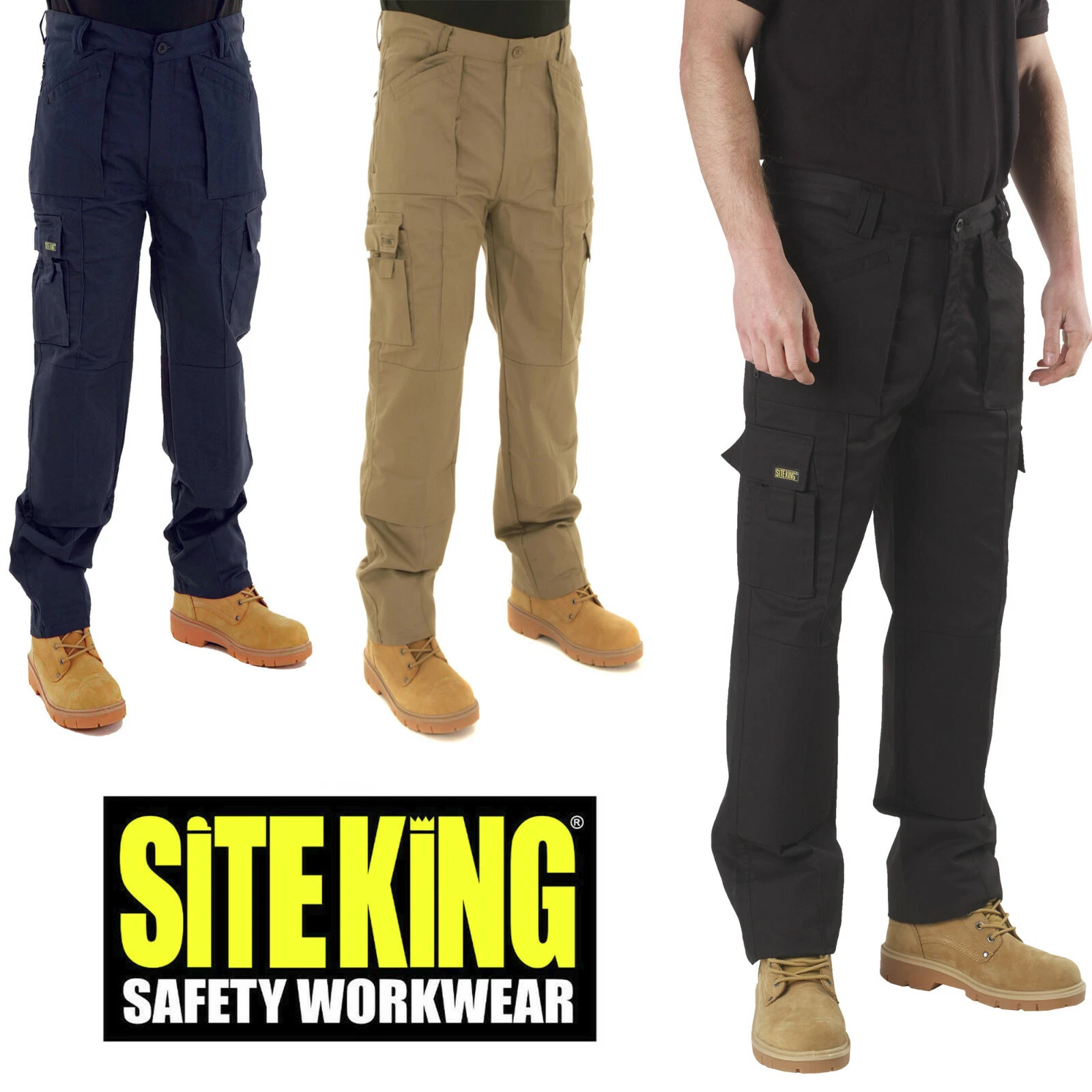SITE KING Mens Black Action Work Trousers & Knee Pad Pockets - CARGO COMBAT