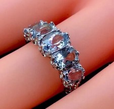 STUNNING VINTAGE 9K 9CT WHITE GOLD NATURAL AQUAMARINE FIVE STONE RING SIZE L