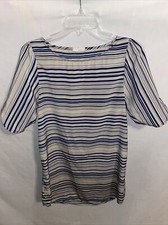 Everly A-line Dress Womens Size Small Beige Blue Striped Mini Short Sleeve