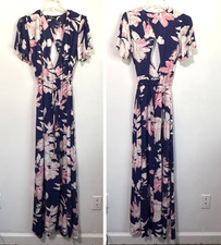 Lulus Azalea Regalia Maxi Wrap Dress S Blue Pink Tie Waist Summer Party Tropical